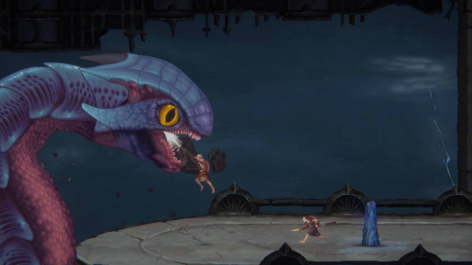 Kratos and Deimos fighting a hydra in God of War: Sons of Sparta.