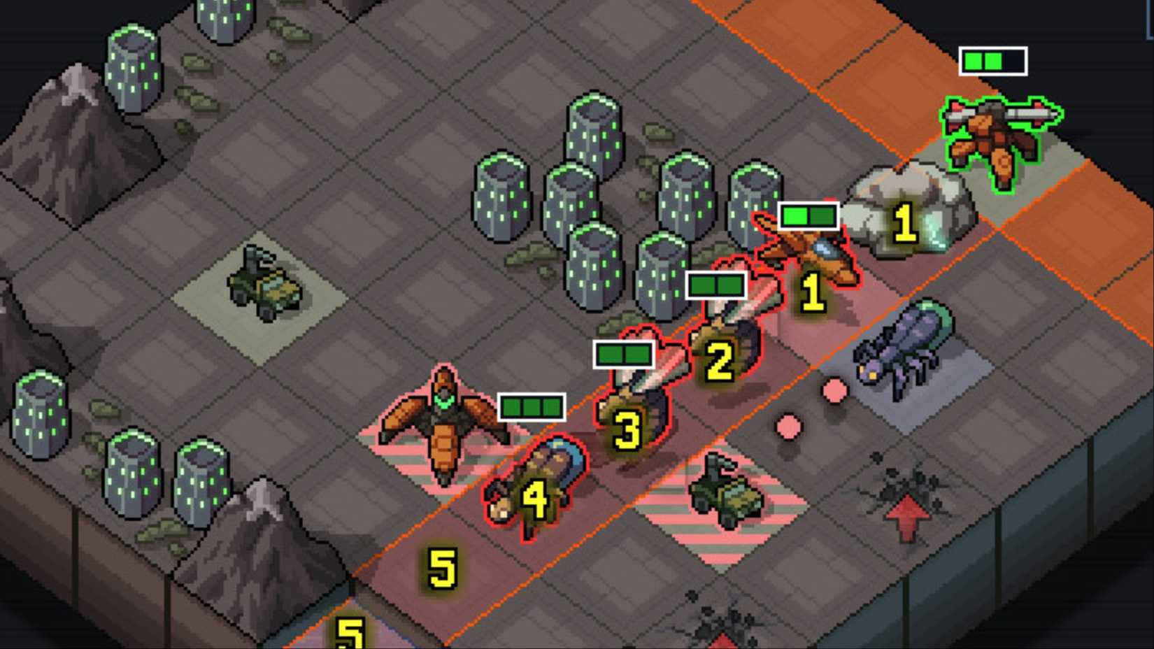 An overview of the combat grid in Into the Breach showing an attack hitting all six enemy units in a straight line.