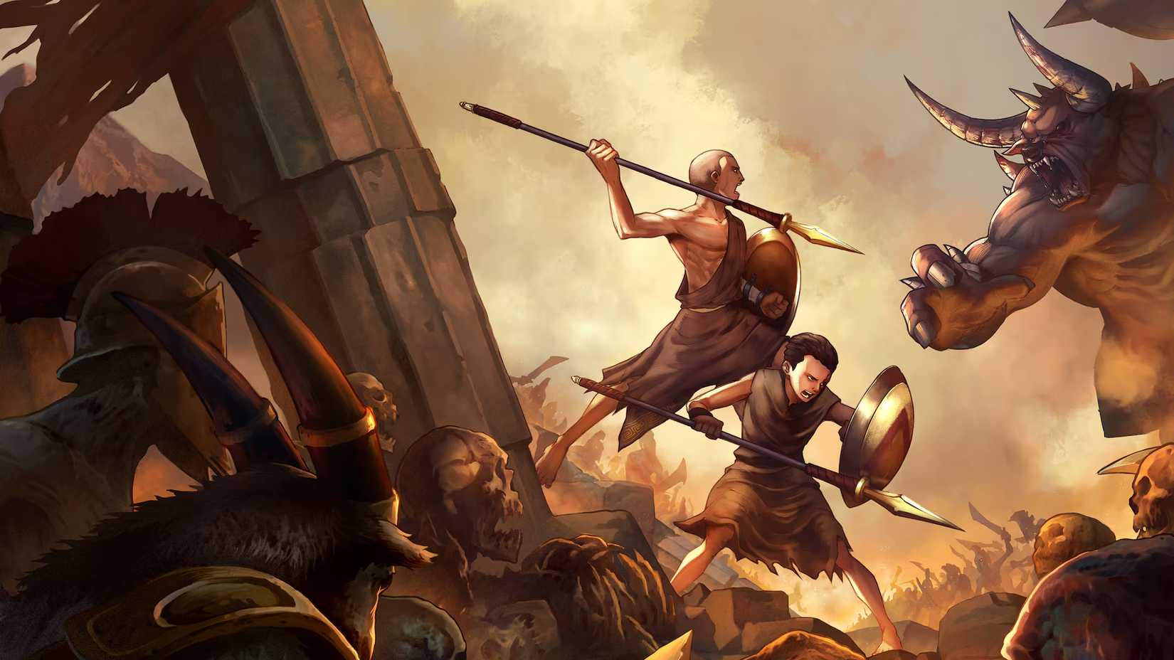 Kratos and Deimos fighting monsters in God of War: Sons of Sparta key art