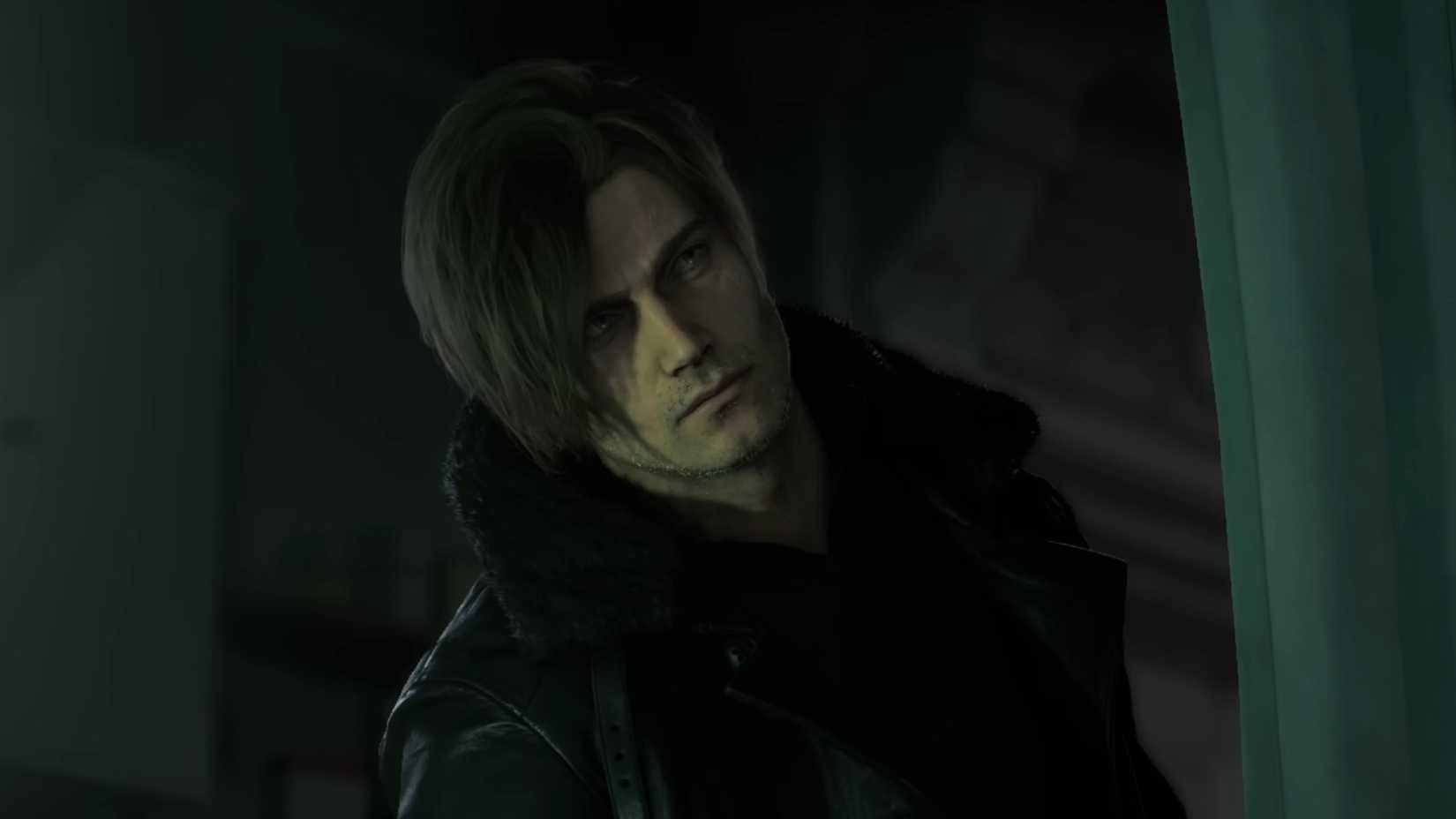 Leon peeking around a curtain in Resident Evil Requiem.