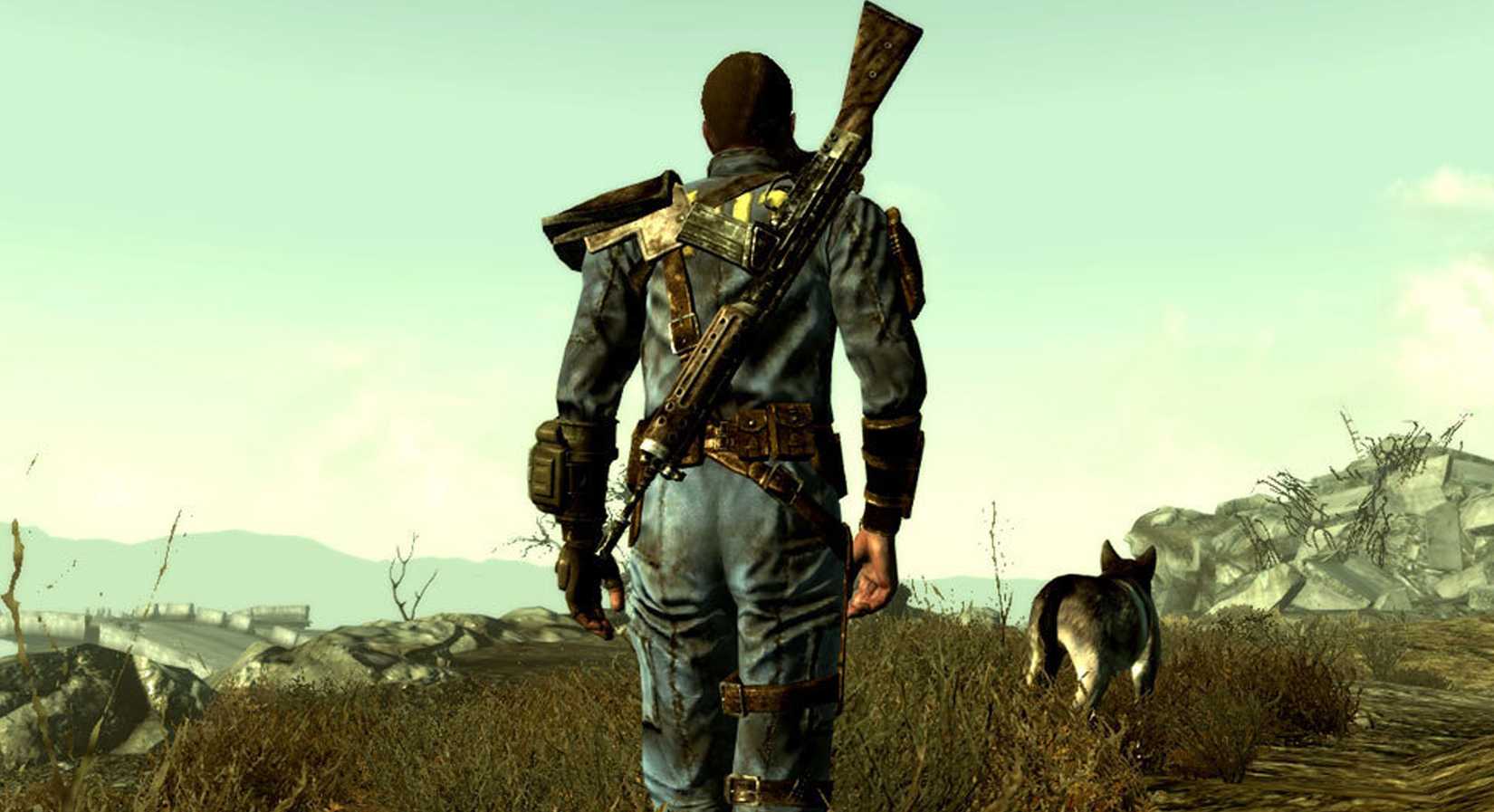 Lone Wanderer and Dogmeat walking through the Capital Wasteland in Fallout 3.