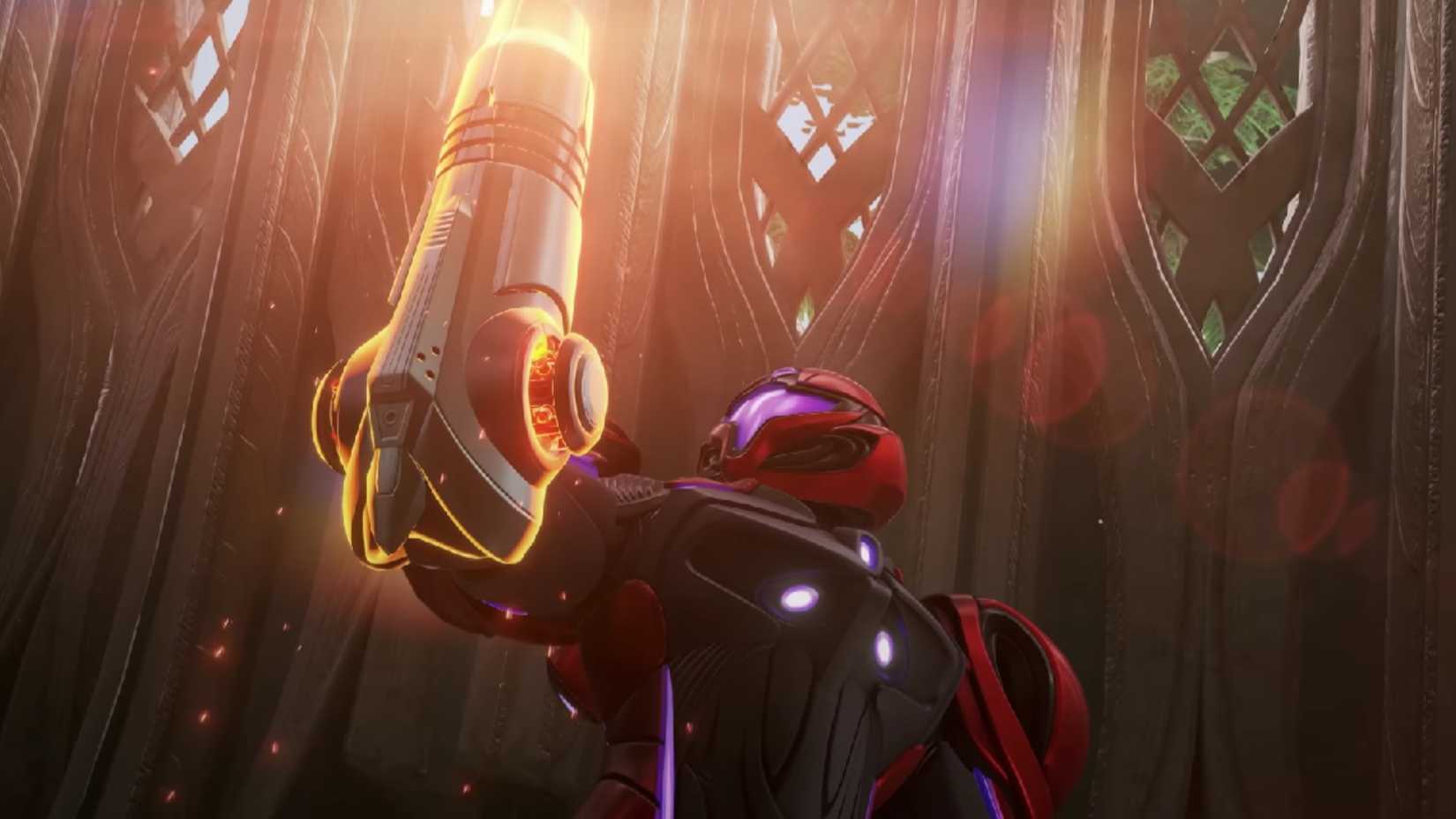 samus looks up at her arm cannon in metroid prime 4.