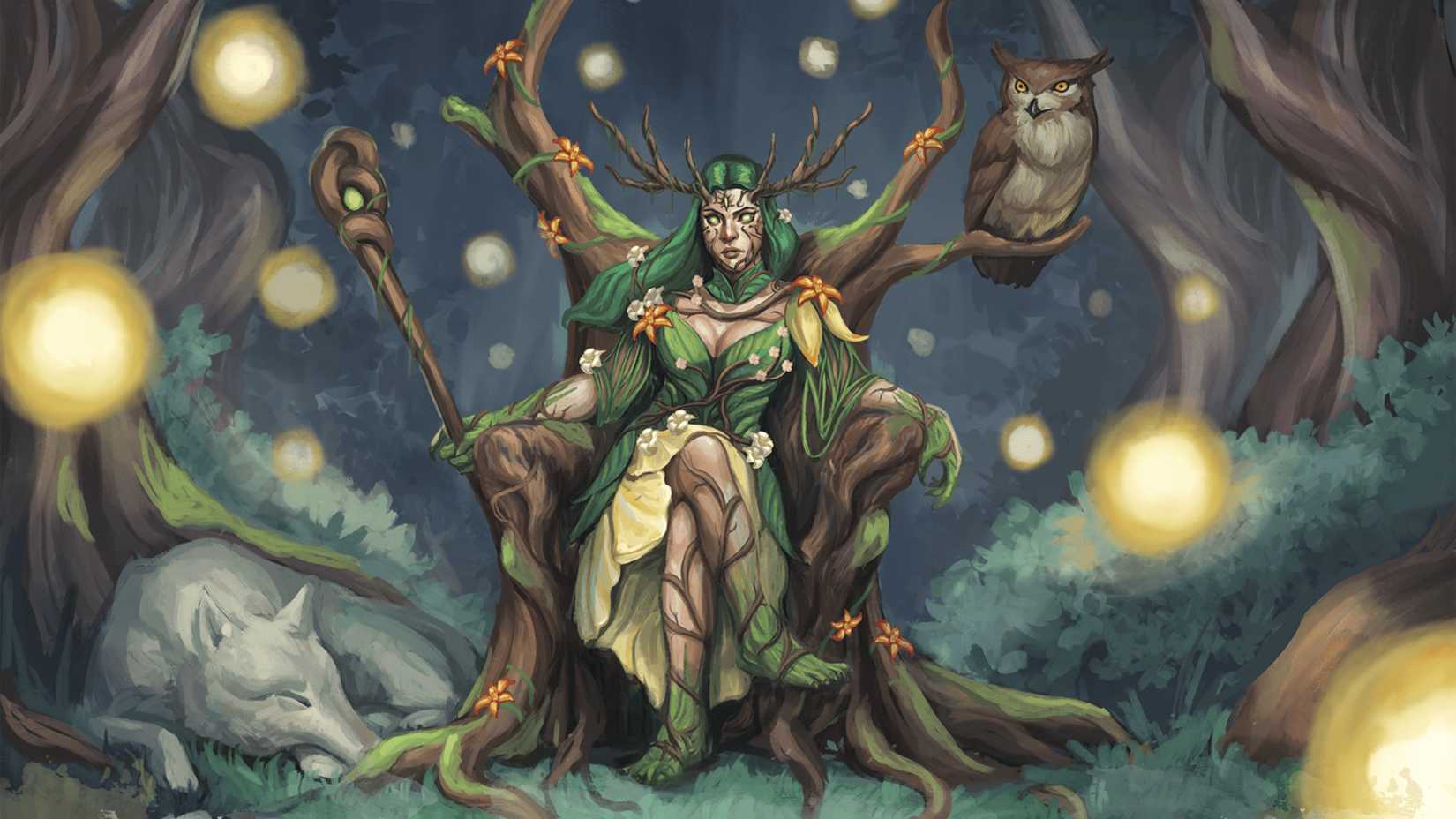 A Fey ruler sits on a throne in a lush forest in DND.