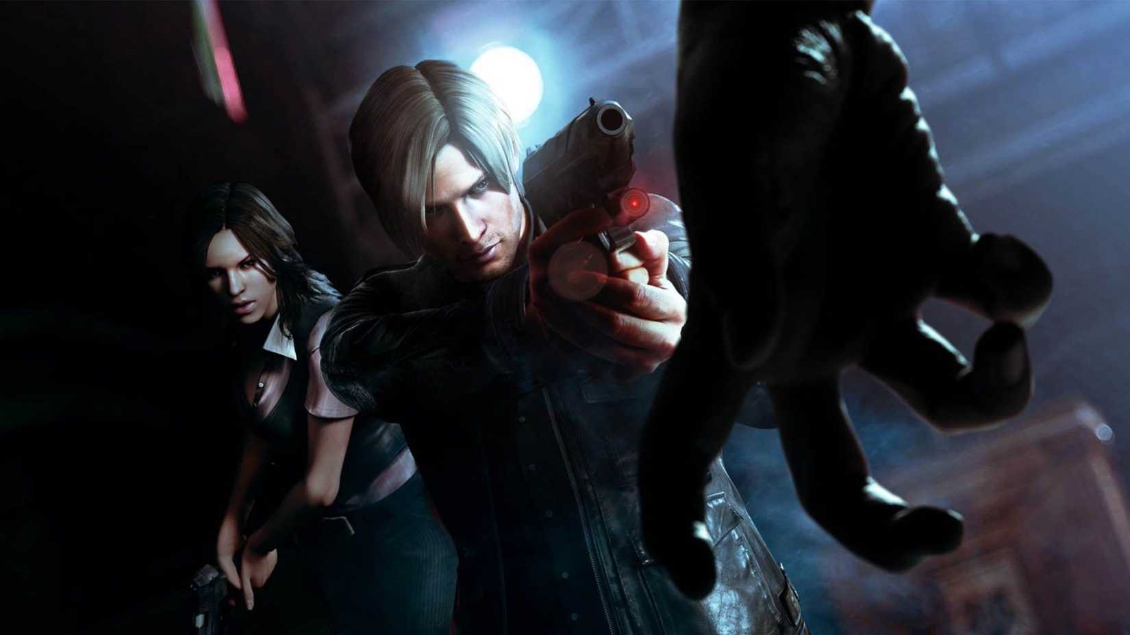 Leon and Heather prepare to shoot a zombie in Resident Evil 6.