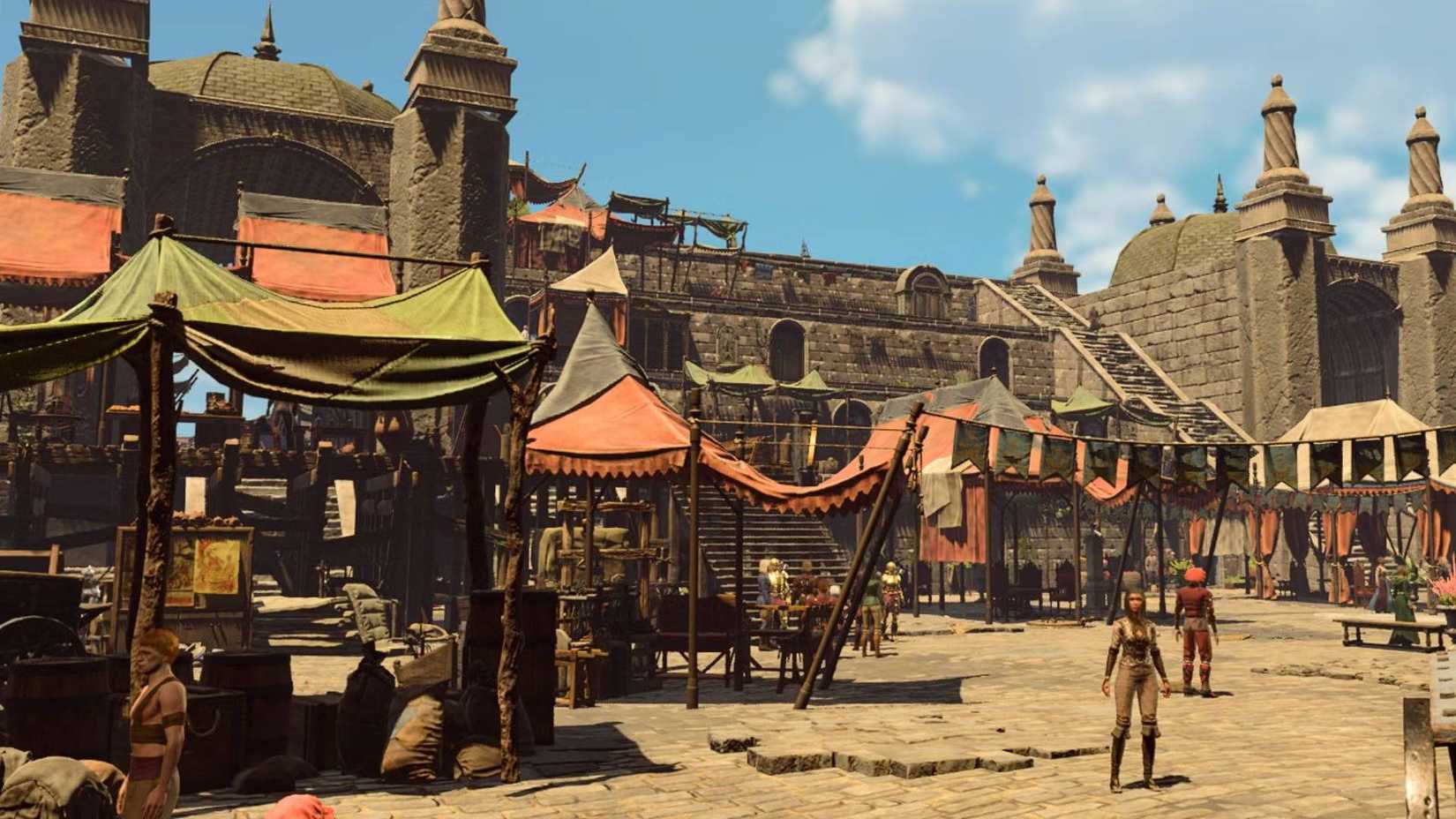 A screenshot from the fan-made Baldur's Gate 3 expansion path to Menzoberranzan, showing a market in Athkatla.