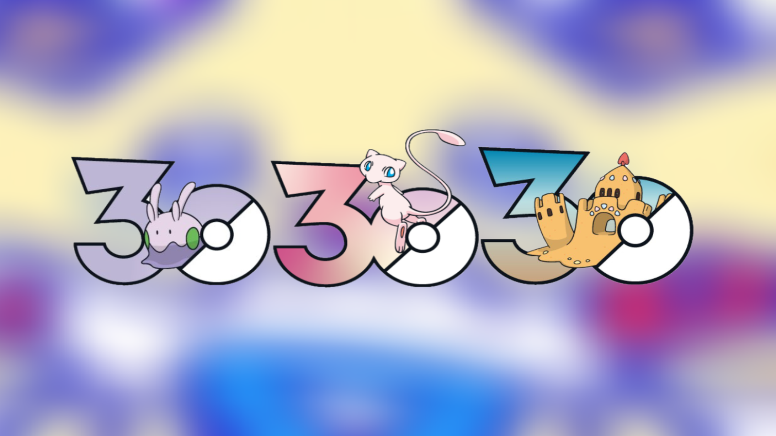 pokemon 30th logos featuring goomy, mew, and pallosand.