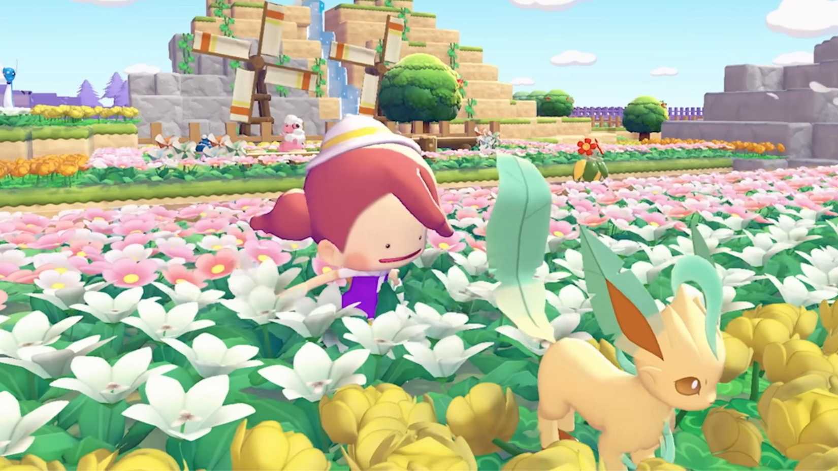 Idem courant vers un Leafeon dans un verger, de Pokemon Pokopia.