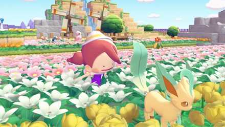 Ditto runs towards Leafia in the orchard in Pokémon Pokopia.