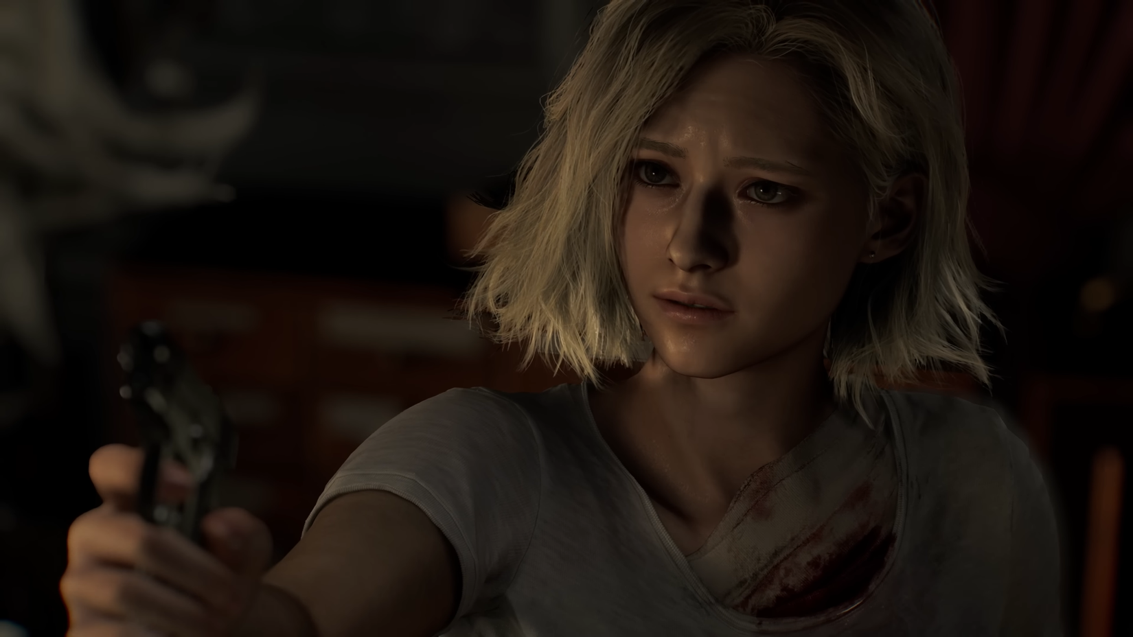 Grace looking scared and holding a small gun in resident evil requiem.