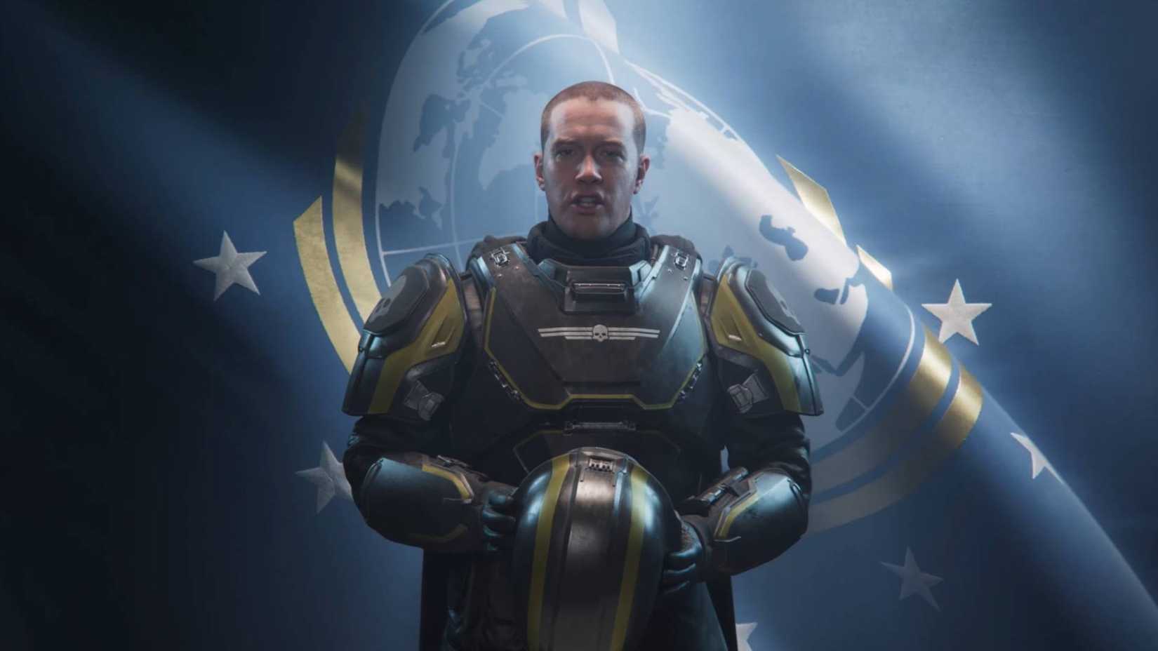 John Helldiver from the intro sequence of Helldivers 2.