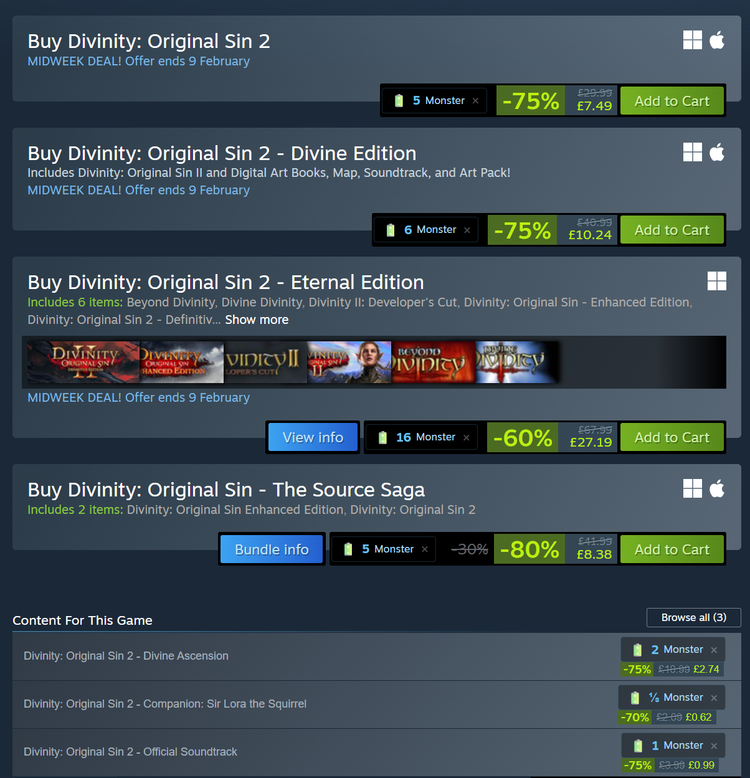 Divinity: Original Sin 2 Steam page but next to the prices it says how many Monster Jars the game is worth.