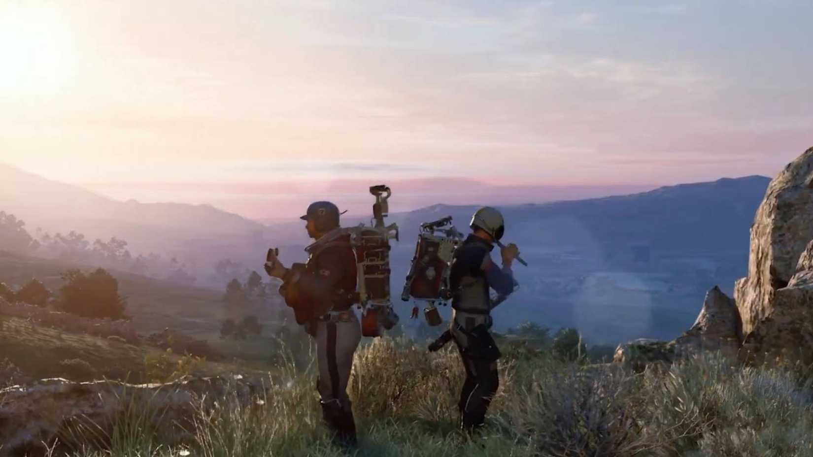 A raider plays the guitar while another plays the flute in an open field in Arc Raiders.