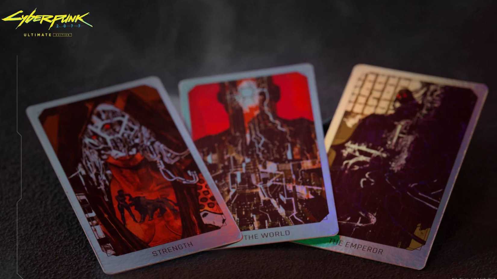 Tarot cards from the Cyberpunk 2077 5th Anniversary Collector's Set. 