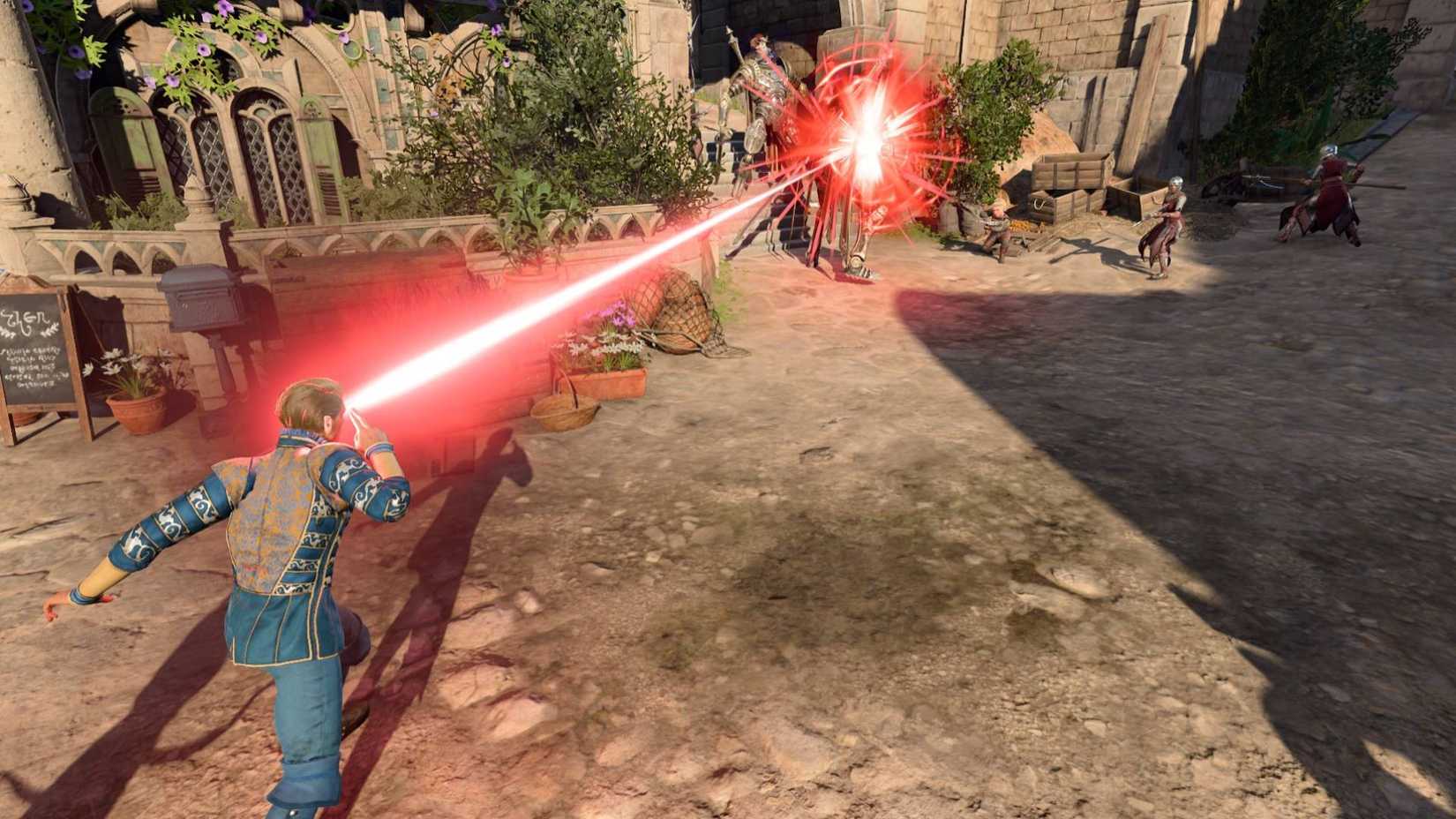 Cyclops fires an eye beam at the Steel Watcher in Baldur's Gate 3