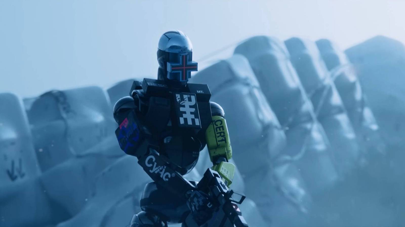 Rook from Marathon holding a gun.