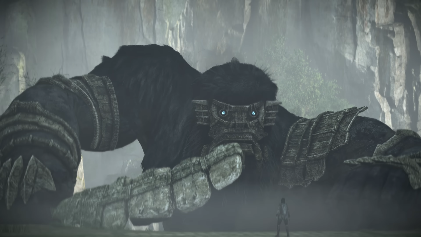 Shadow of the Colossus - giant colossus staring down at comparitively tiny protagonist.