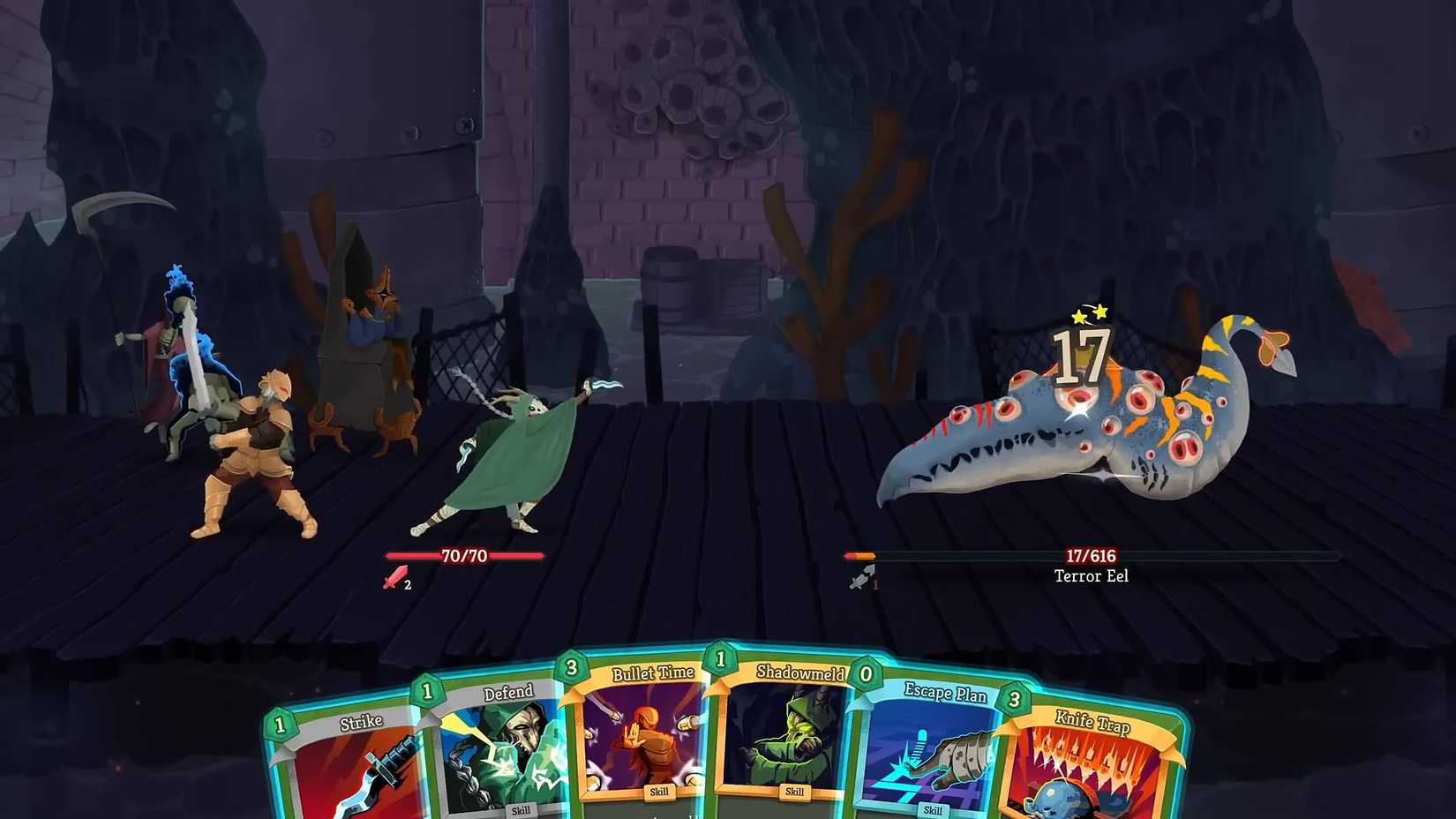 Slay The Spire co op the silent and the ironclad fighting a monster.
