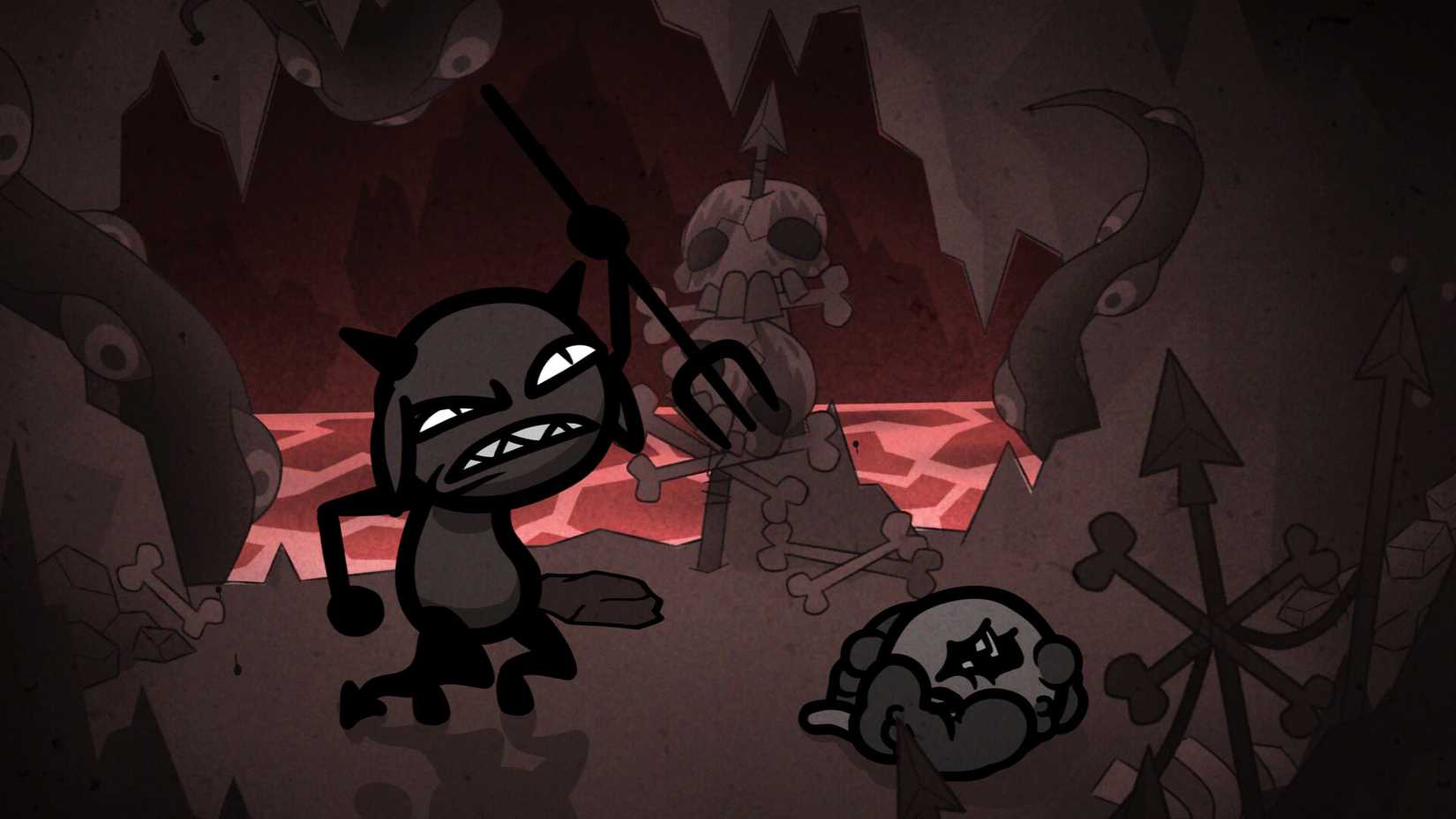 A demon cat with a trident in Mewgenics.