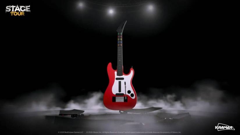 Stage tour guitar on background of smoke.