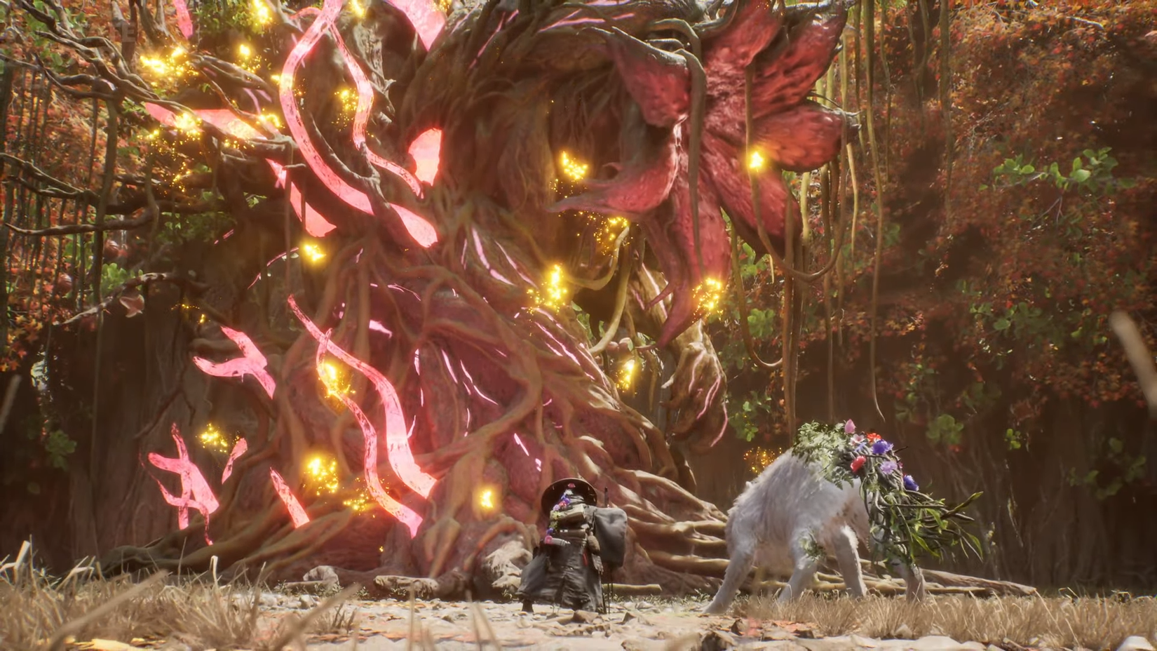 The main character of Reincarnated Tree bends down in front of a giant plant.