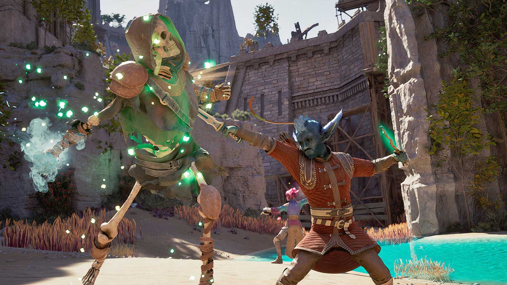 The combat in Avowed, showing a player character attacking a skeleton. (1)