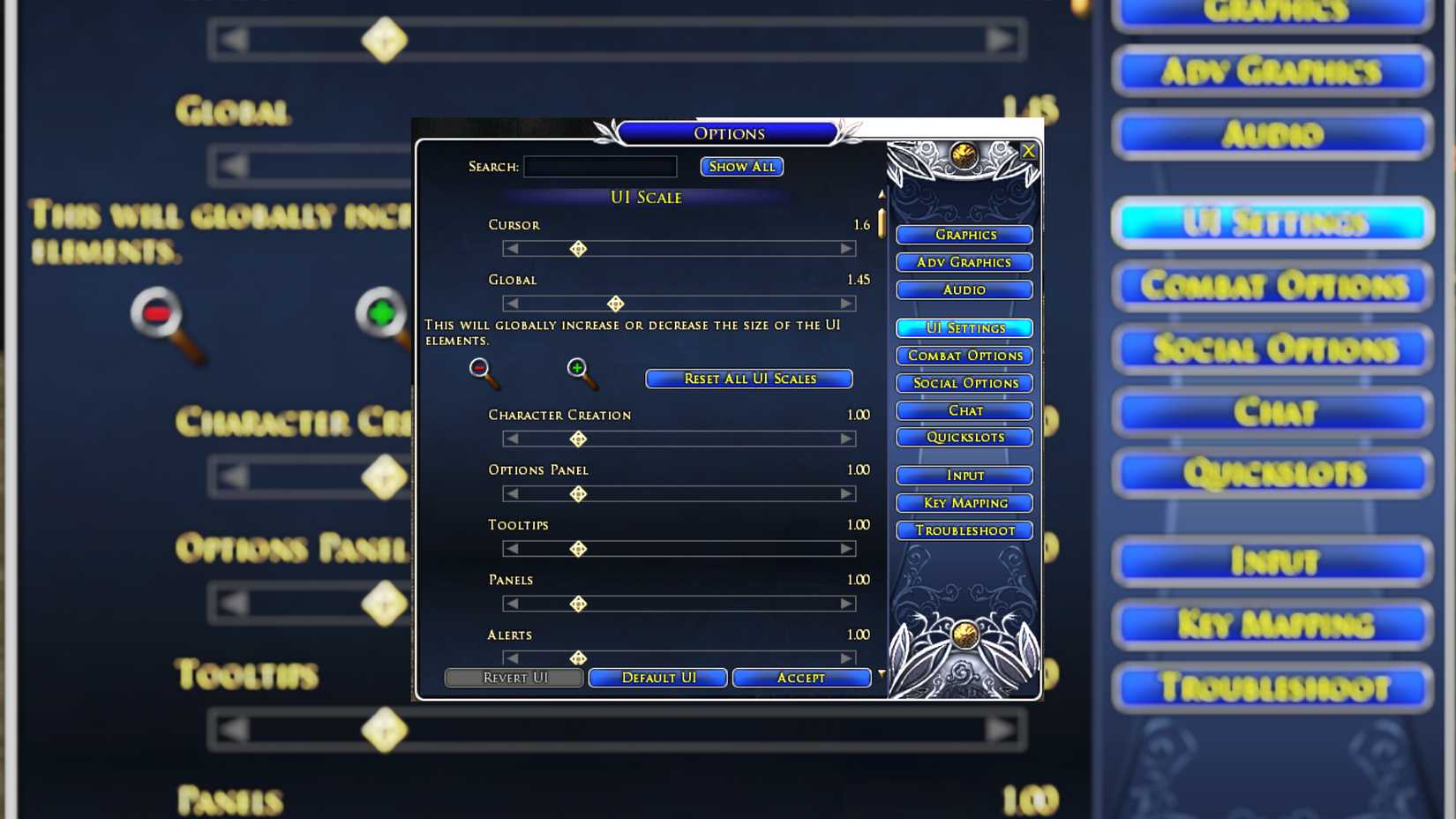 The Lord of the Rings Online new UI scaling tab in the options menu.