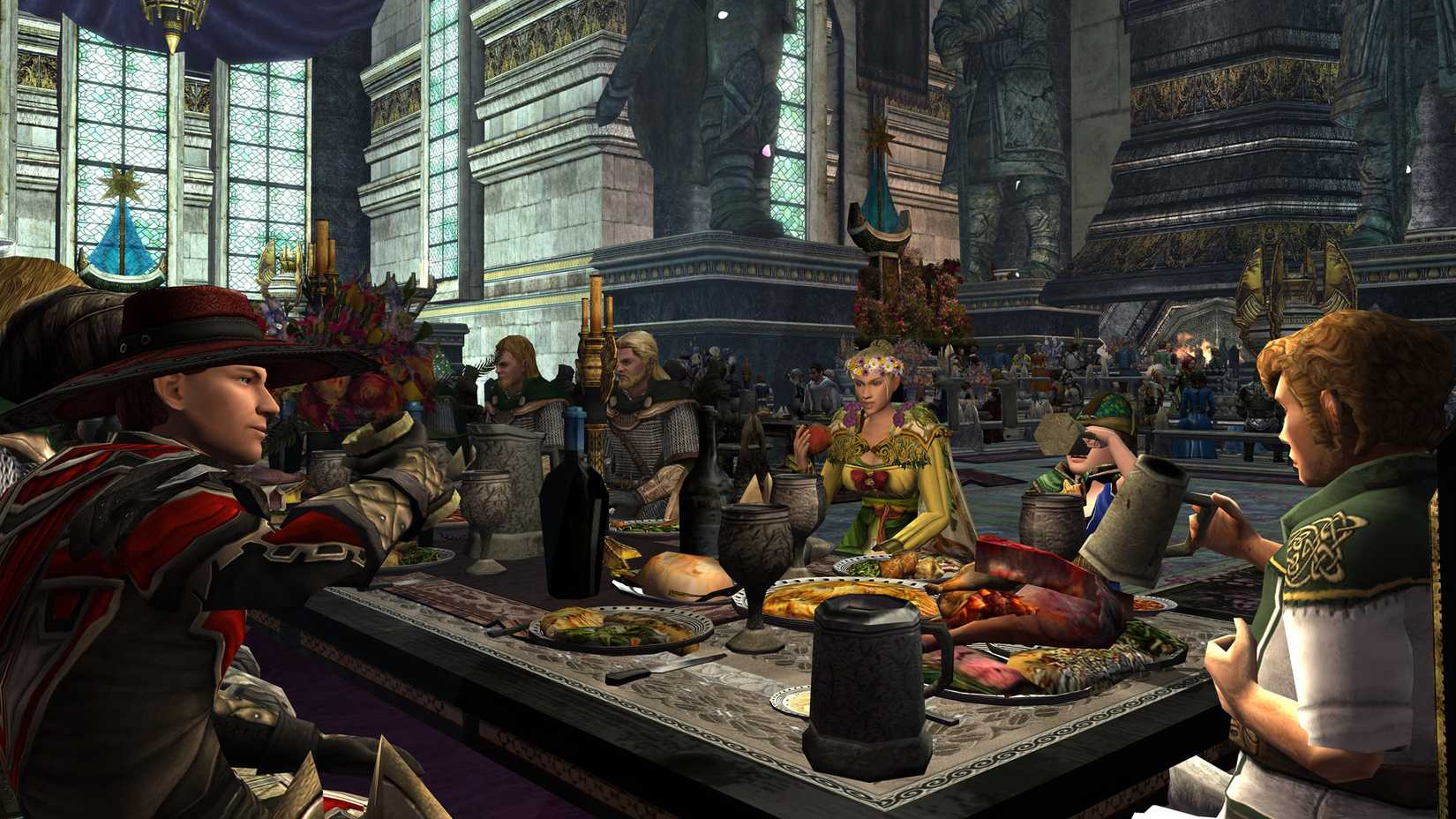 Lord of the Rings Online players gathered for a feast in the banquet hall.