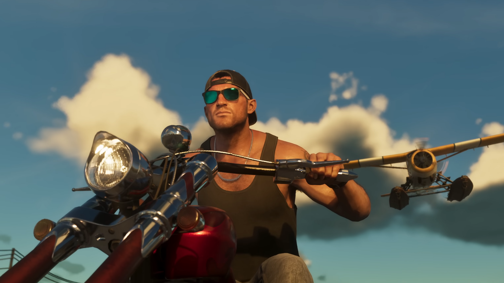 A man wearing sunglasses (Jason) rides a red motorcycle while being chased by a yellow and white plane.