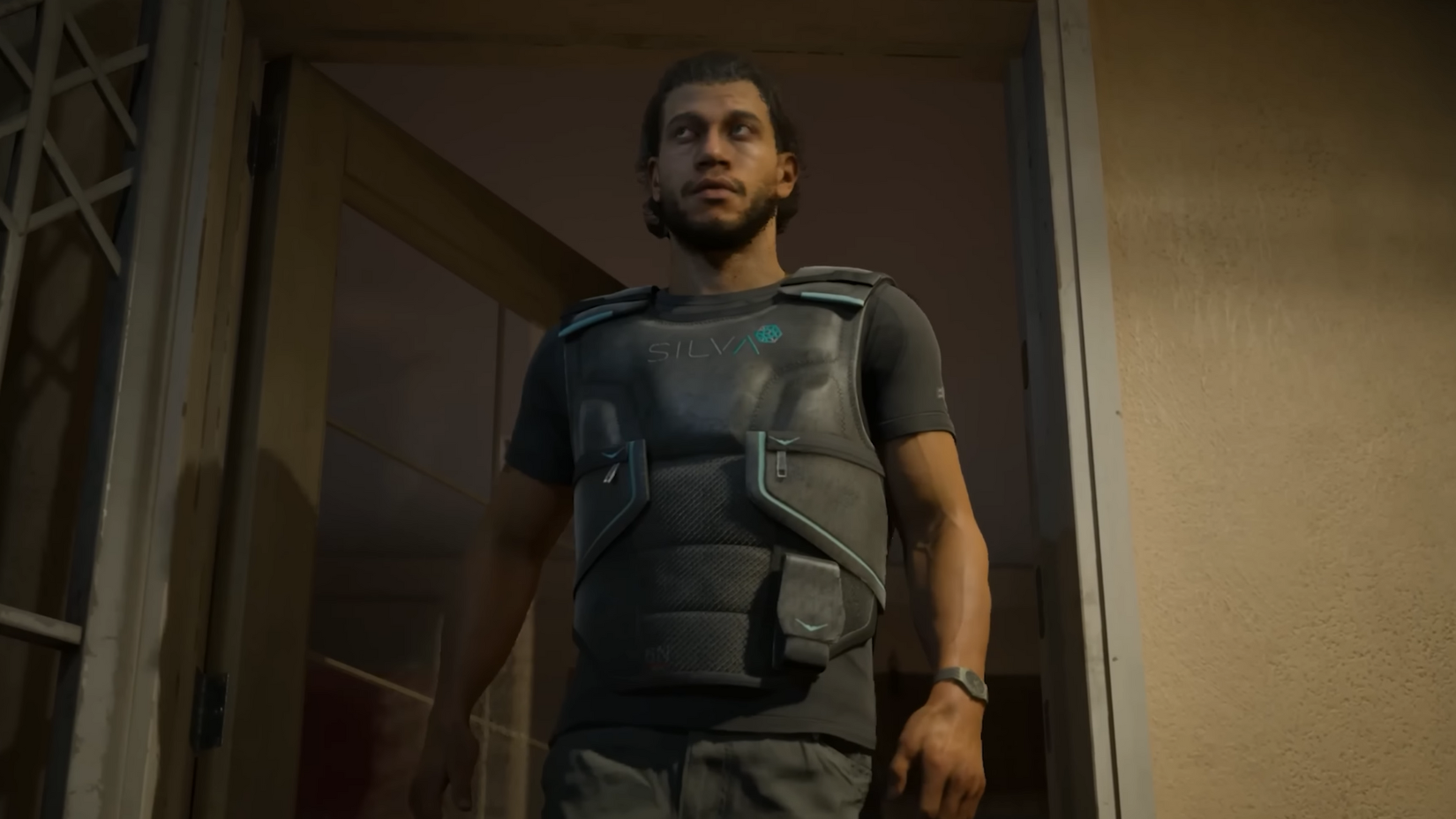 Mindseye protagonist walks through a door in a bulletproof vest.