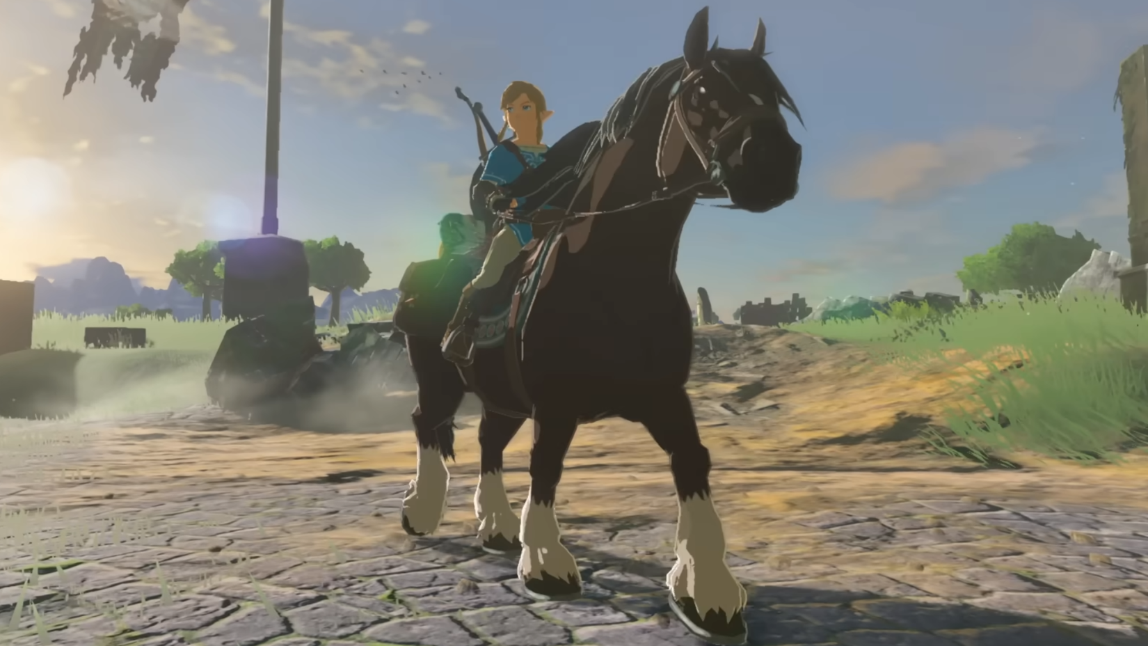 Link a horse ride through the ruins in Breath of the Wild.