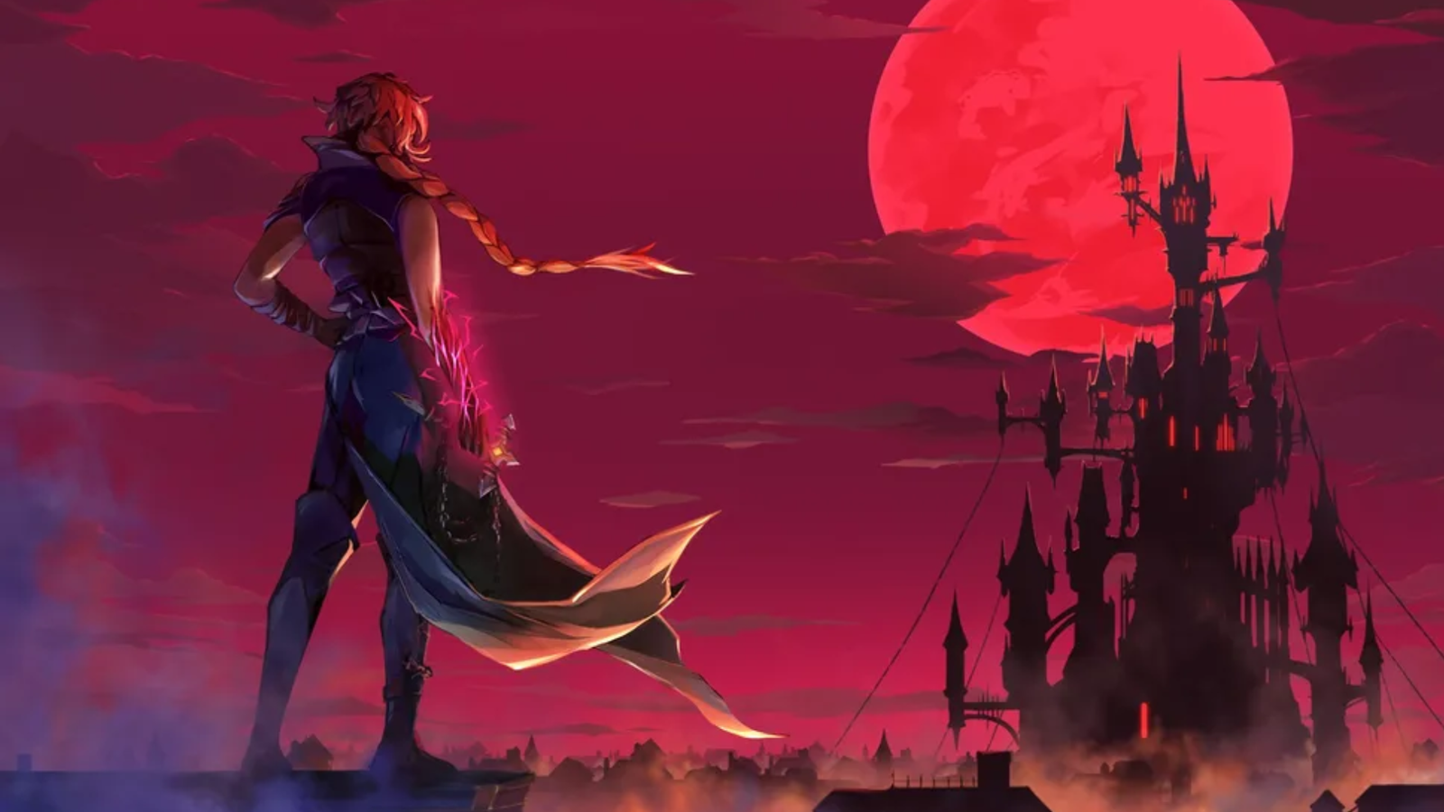 castlevania belmont's curse female protagonist overlooking a red full moon and a castle.