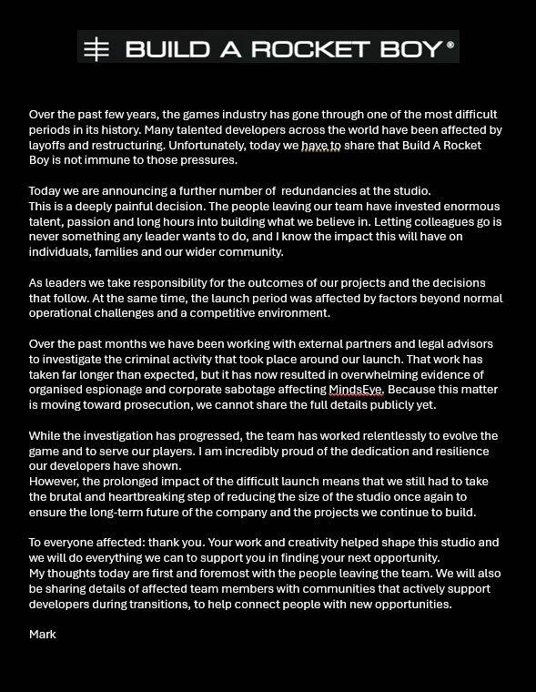 Rocketmort Statement Example MindsEye Studio CEO Remains Convinced That Espionage And Sabotage ...