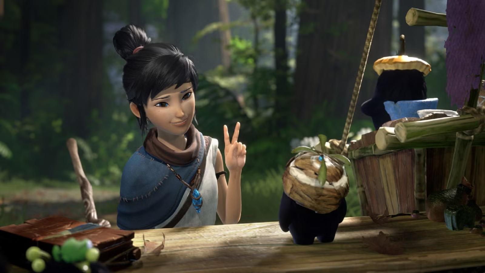 kena holding up a peace sign towards a rot in kena bridge of spirits.