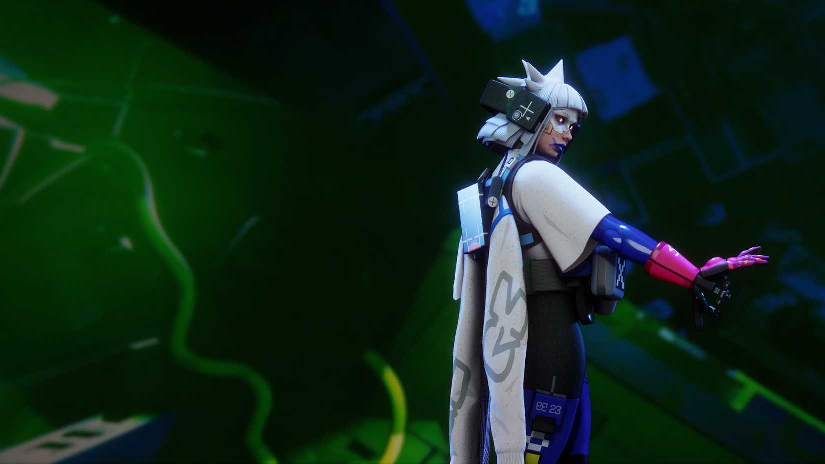 Vandal looks to one side and extends arm with cannon in Marathon.