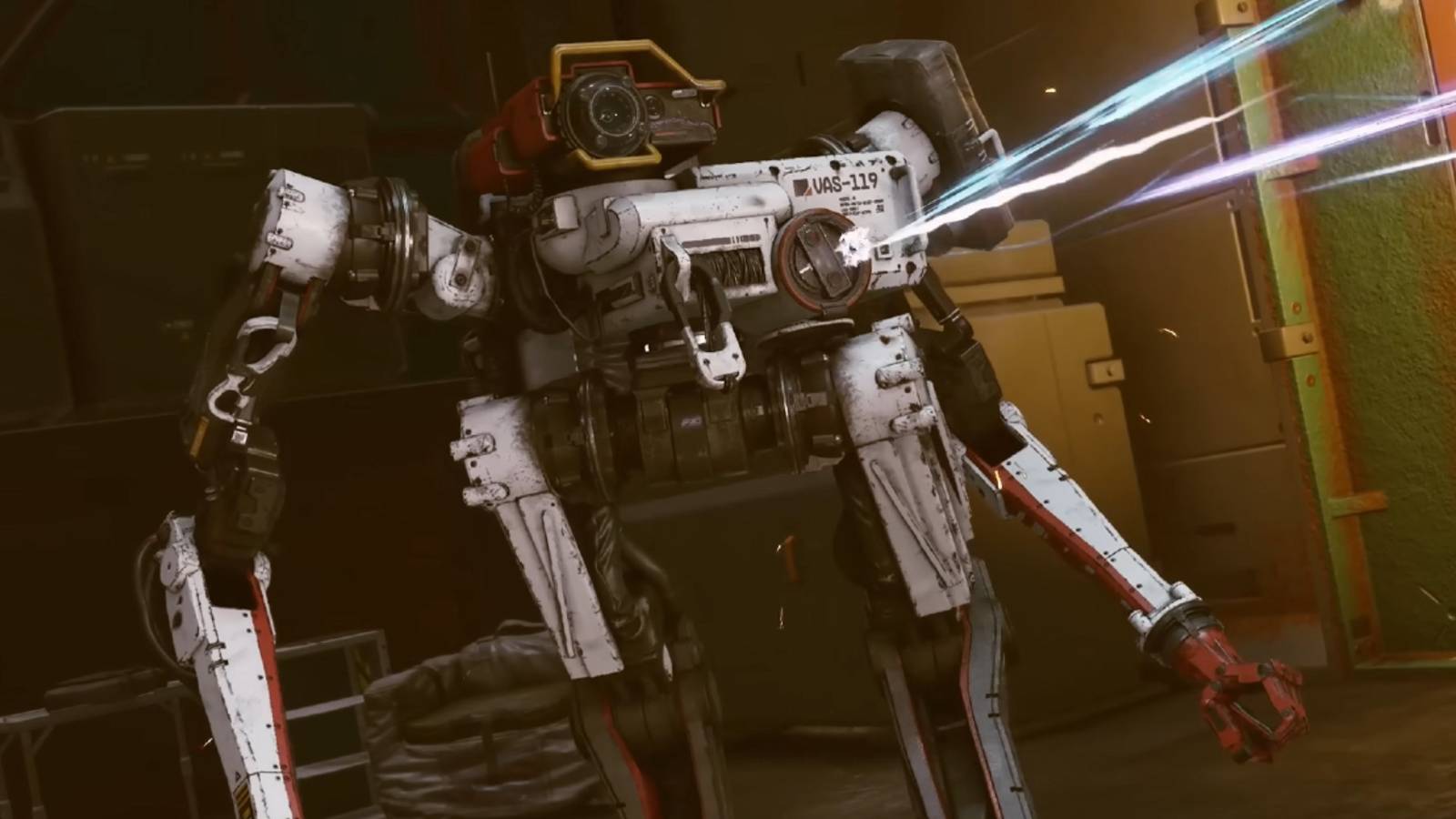 A large whit erobot firing a laser in Starfield.