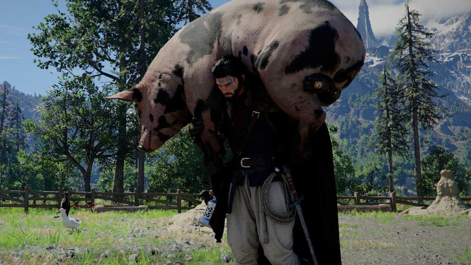 A screenshot from Crimson Desert, showing Kliff carrying a large pig.