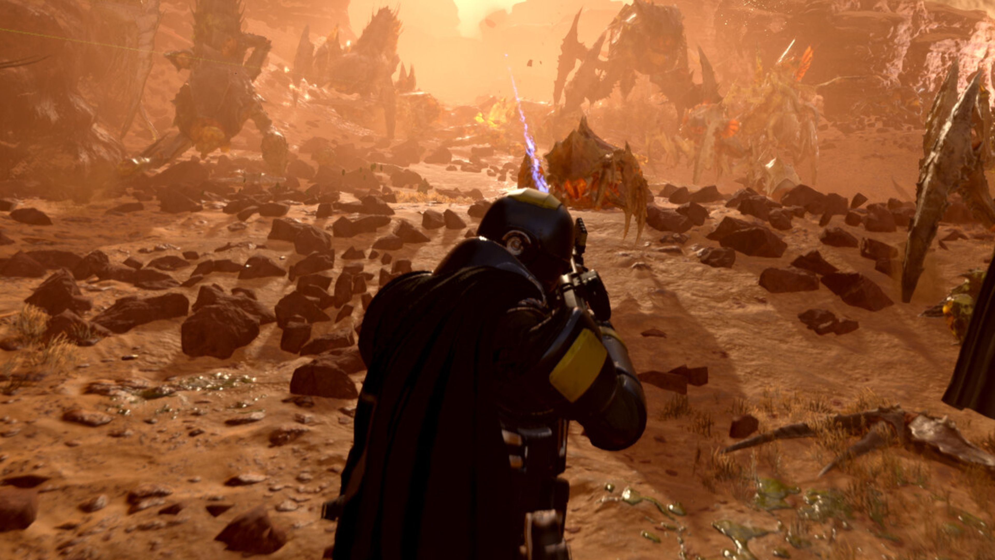 A screenshot from Helldivers 2, showing the back of a player character. They are pointing a gun at bug-like enemies.