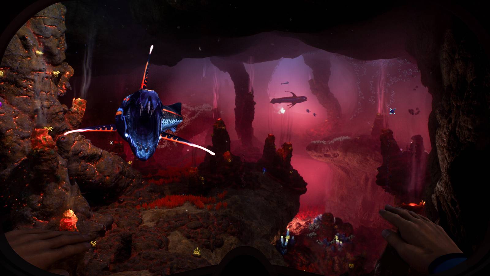 A screenshot from Subnautica 2, showing an underwater creature showing its teeth.