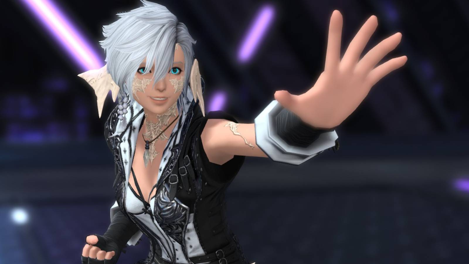 A small white-haird woman doing a combat pose.
