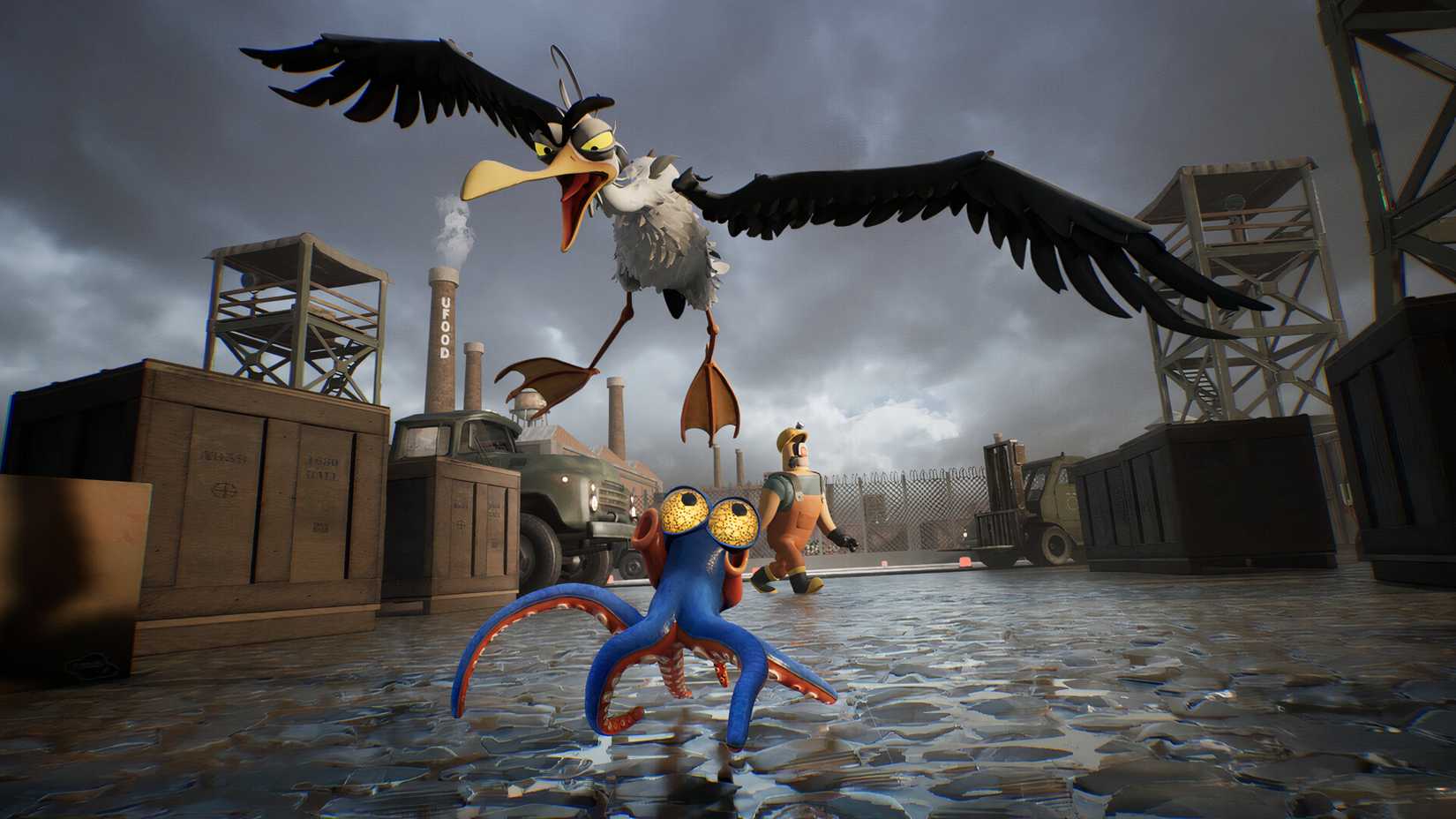 An octopus running away from an angry seagull on a dock in Darwin's Paradox.
