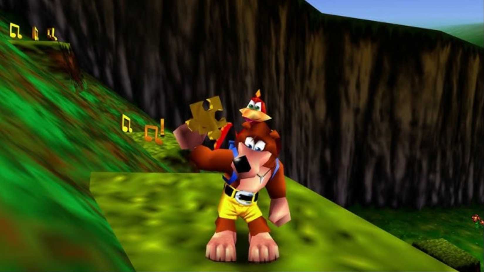 Banjo catches Ziggy and celebrates with Kazooie in Banjo-Kazooie.
