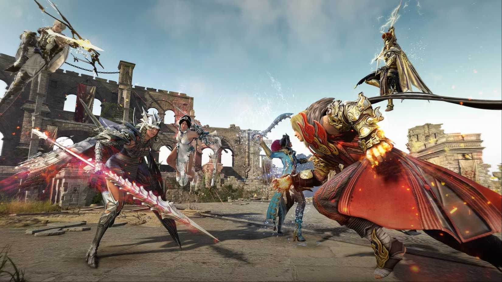 An intense PvP skirmish taking place in Black Desert Online.