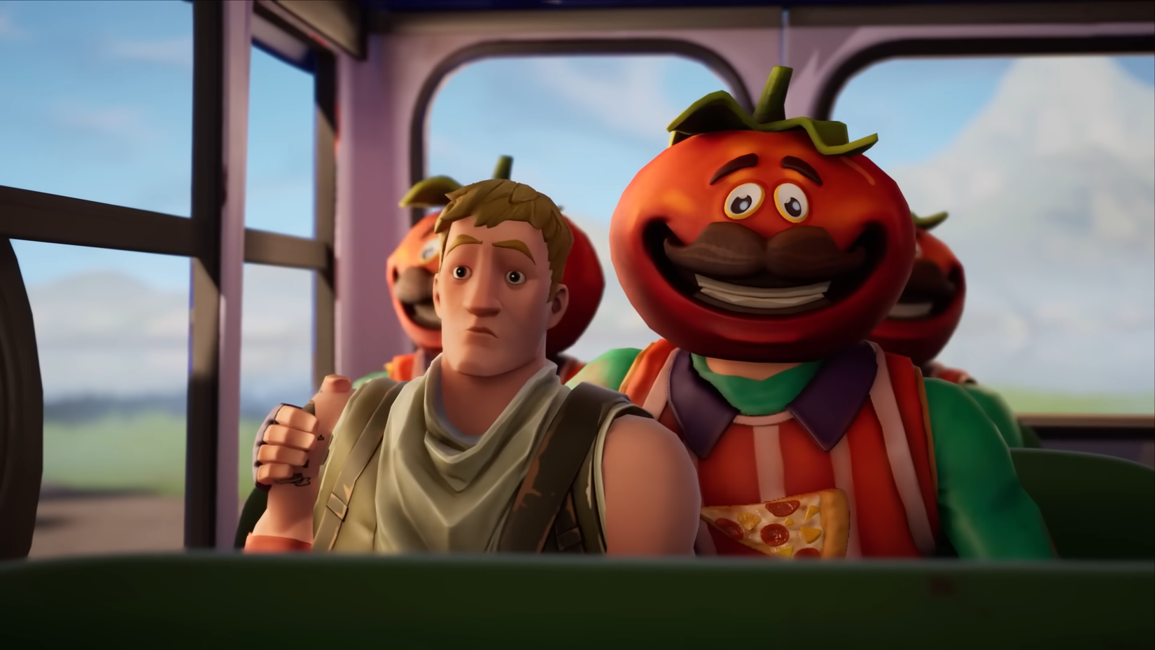 fortnite's jonesy on a bus next to a tomatohead.