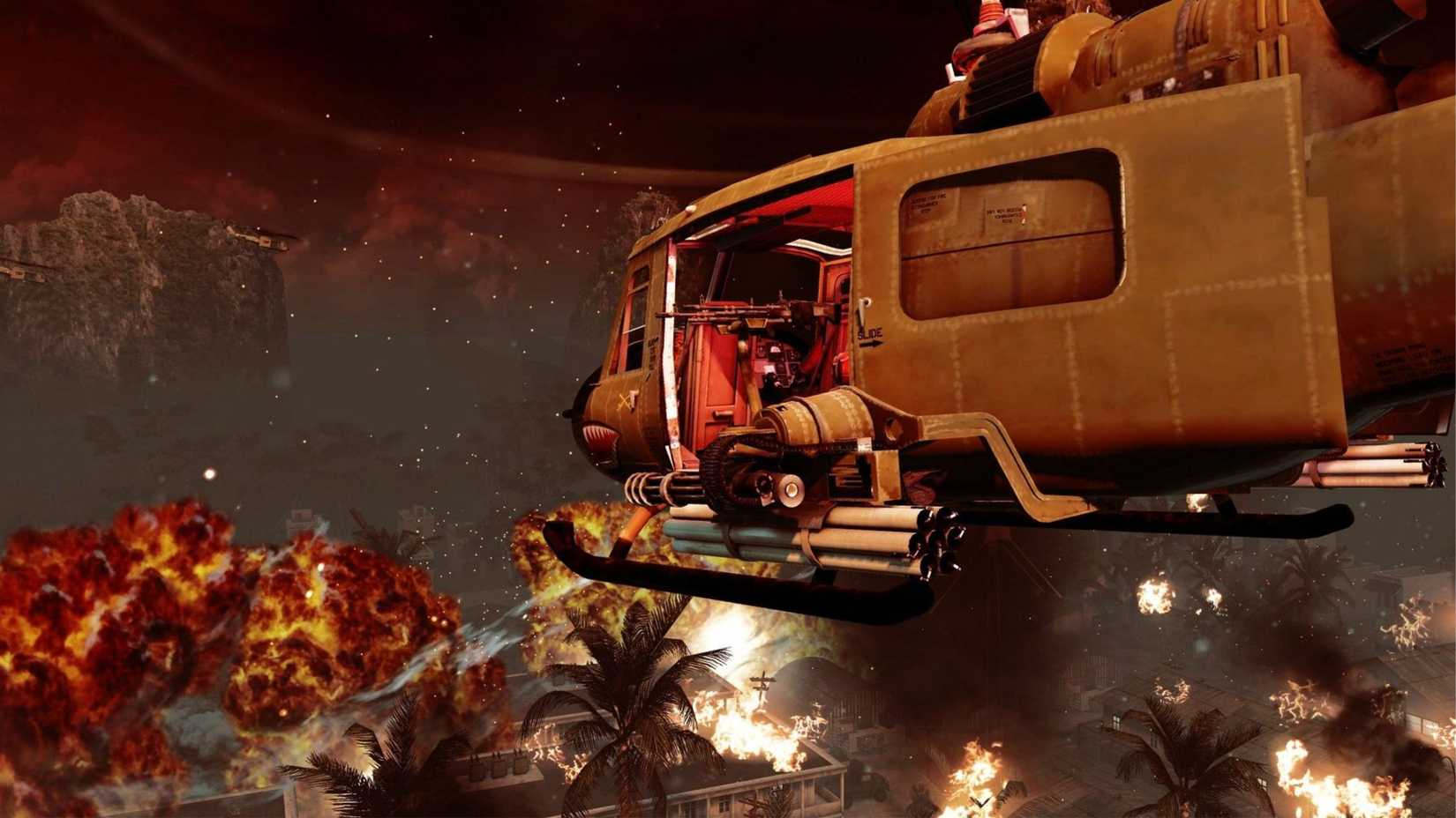 A helicopter firing at a village below from Call of Duty Black Ops.