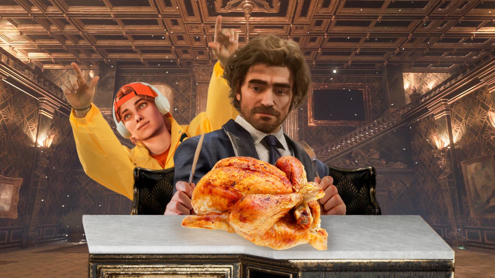 Gustave eats roast chicken with Maelle beatboxing in the background.