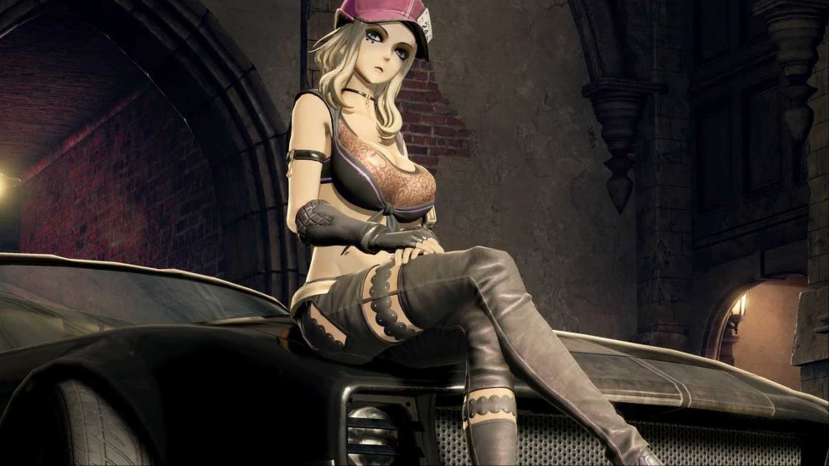 Coco sitting on the hood of a car with her legs crossed in Code Vein.