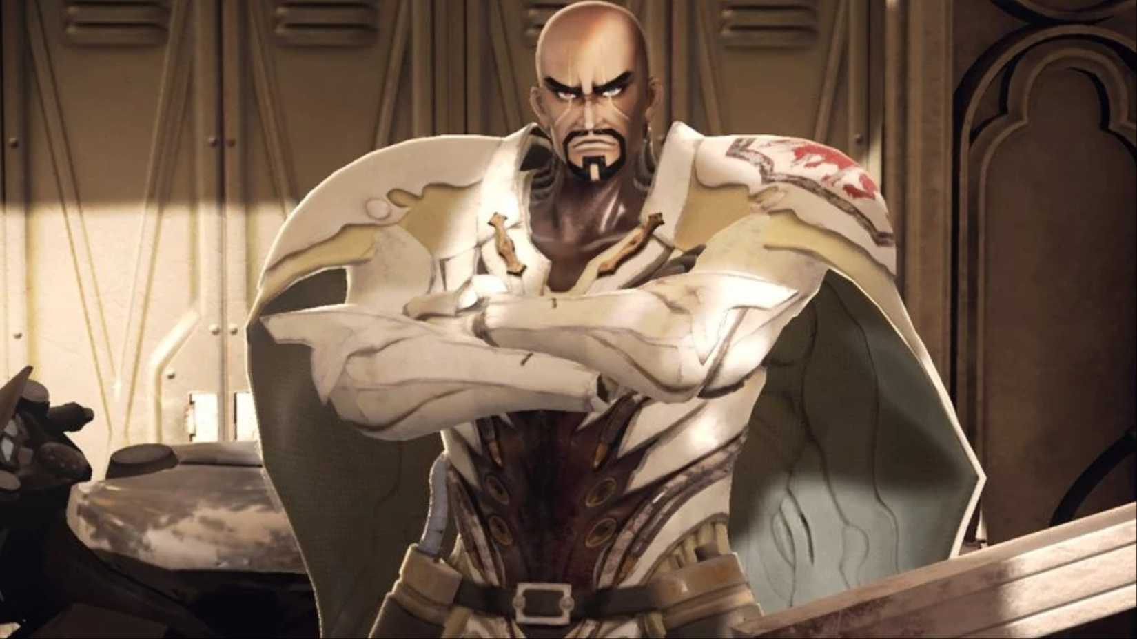 Davis standing with his arms crossed with a stern expression on his face in Code Vein.