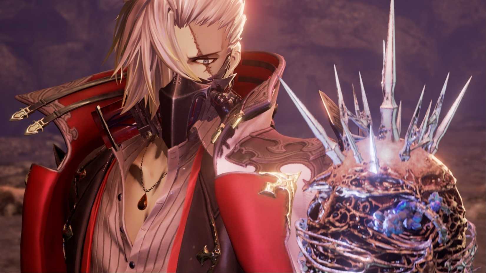 Jack holding a spiked object in his hand with an intense look on his face in Code Vein.