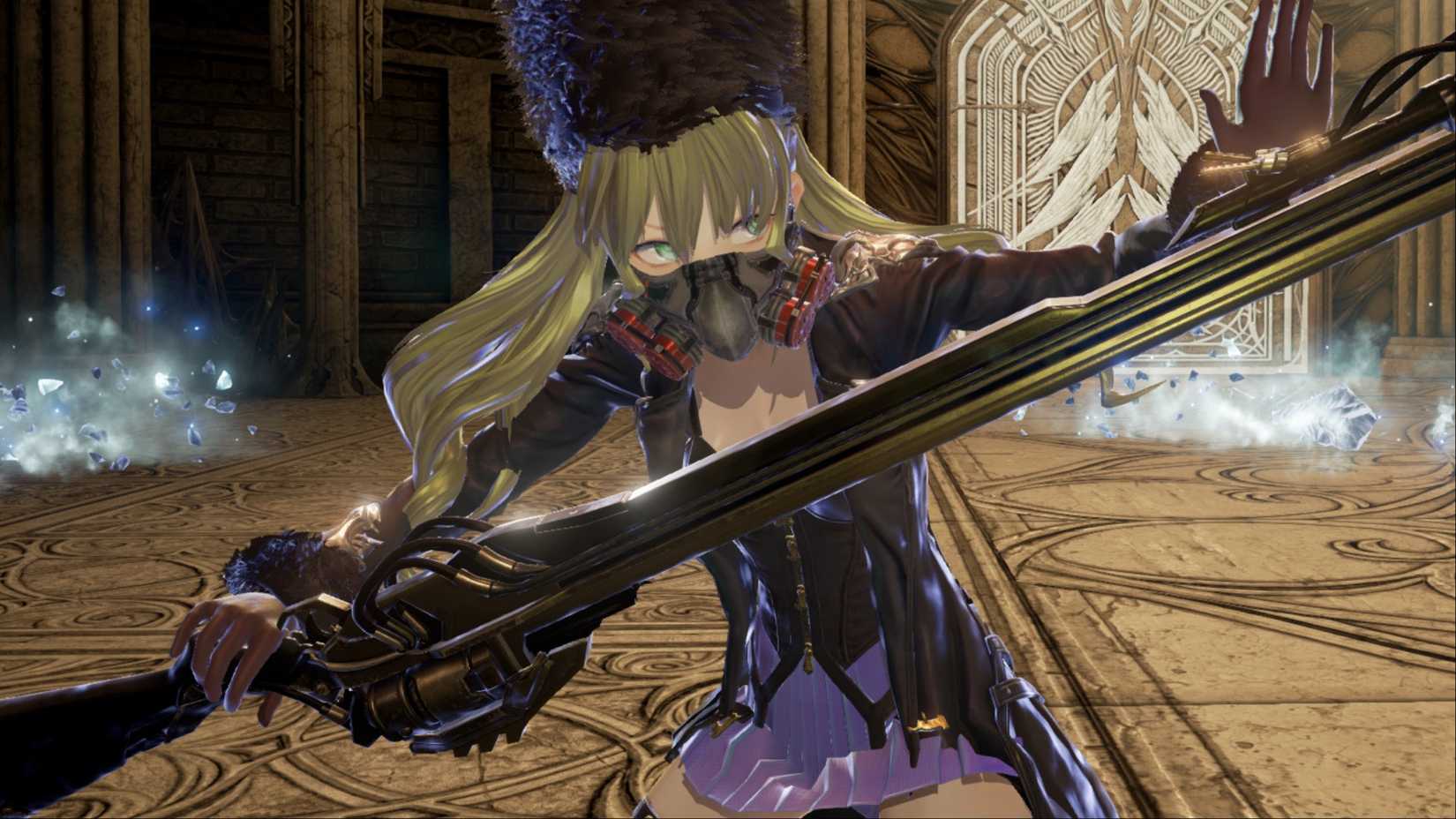 Mia guarding incoming attacks with her weapon in Code Vein.