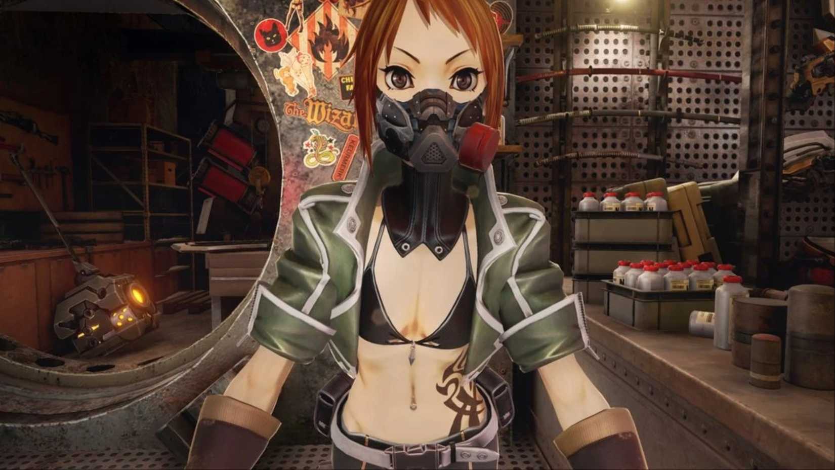 Rin standing in front of her shop in the main base of Code Vein.